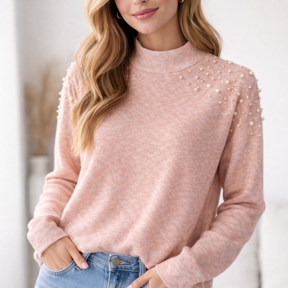 Women’s Pink Pearl Beaded Sweater Size M Soft Knit Mock Neck Cozy Cute Top